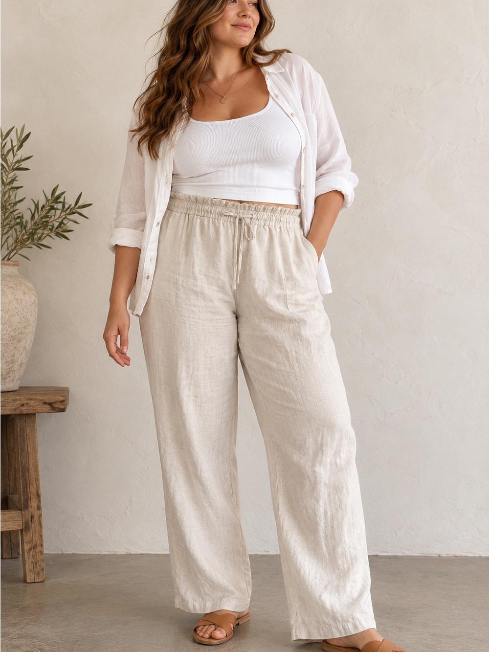 J.Crew XL Tall Linen Pants Pull On Wide Leg Coastal Resort Neutral Minimalist